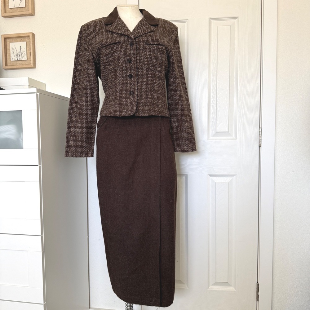 VTG Wrapper Brown Tweed Jacket Skirt Set Womens L 90s Dark Academia Y2K USA
